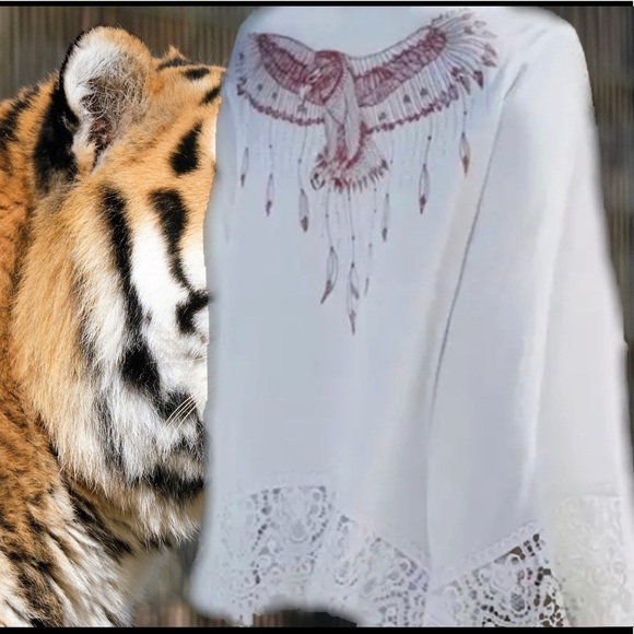 LAST- Indian Eagle White Lace Bell Sleeve Kimono